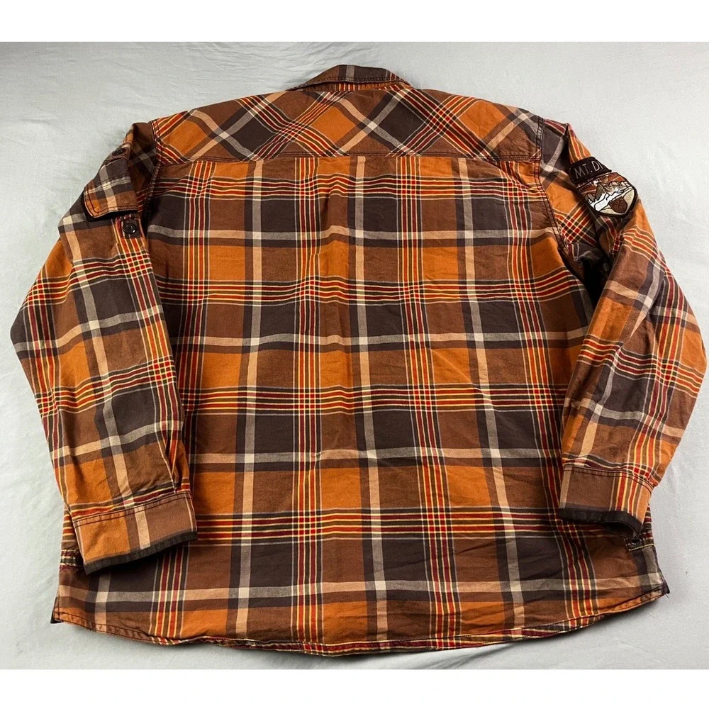 Parish Nation Mens 3XL Plaid Flannel Button Down Shirt Mountain‎ Patches Brown